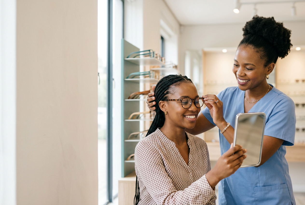 South African optometrist fitting glasses on a smiling patient at Vision Care Optical