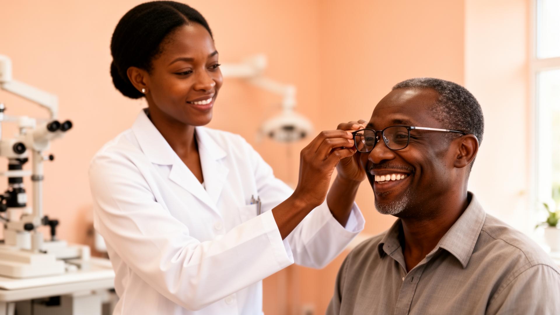 South African optometrist fitting glasses on a smiling patient at Vision Care Optical